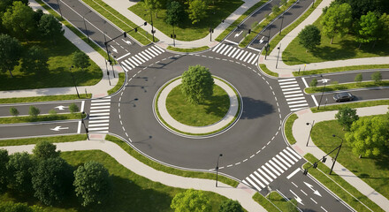 Aerial View Of A Modern Urban Roundabout With Greenery And Pedestrian Crossings