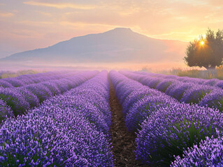 Obraz premium Serene Lavender Fields at Sunrise with Soft Light and Gentle Hills