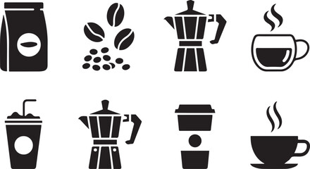 Vector Coffee Icons:  Brewing, Beans, Cups, and Takeaway Drinks