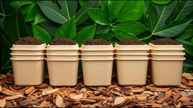 Biodegradable Plant Pots with Soil on Green Leaf Background Highlighting Sustainability in Eco Friendly Solutions