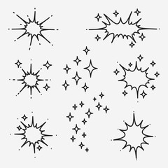 A set of different types of explosions or sparks.
