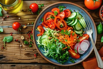 High Definition View of Healthy Organic Vegetarian Meal on Rustic Wood Table