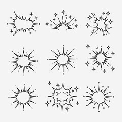 A set of different types of explosions or sparks.
