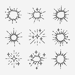 A set of different types of explosions or sparks.