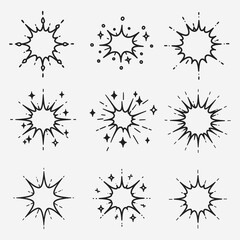 A set of different types of explosions or sparks.