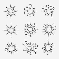A set of different types of explosions or sparks.