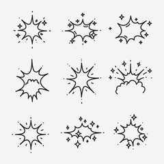 A set of different types of explosions or sparks.