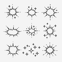 A set of different types of explosions or sparks.