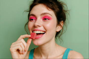 Young woman eating a red sugar-coated red gummy cube