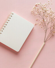 Minimalist Blank Notebook with Dried Flower on Soft Pink Background
