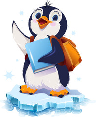 Back to school bird penguin schoolboy with backpack on his back holding book. Vector cartoon illustration education