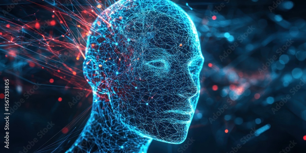 Aufkleber a futuristic head with shifting holographic patterns, visualizing abstract intelligence.