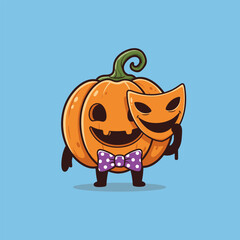 Fototapeta premium Smiling cartoon pumpkin wearing a polka-dot bow tie, holding a matching mask with a cheerful expression, set against a light blue background.