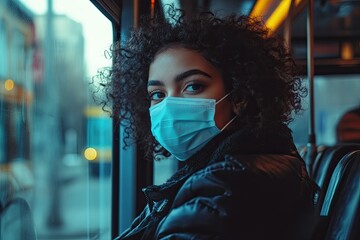 High Quality Image of Woman with Curly Hair Wearing Medical Mask in the Bus