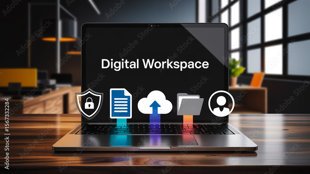Poster a digital illustration of a silver laptop with vibrant floating icons emerging from its illuminated 