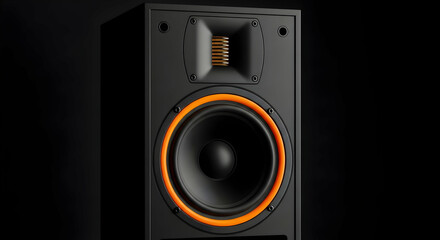 Modern Loudspeaker With Orange Accent Ring On A Black Background For Audio Use