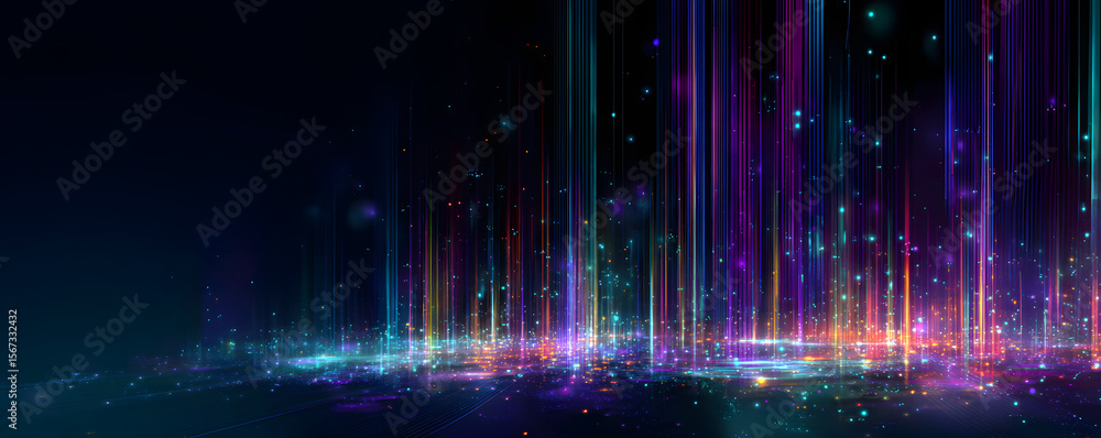 Poster futuristic digital art with colorful light patterns in abstract virtual space environment.