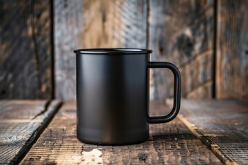 Pixel Perfect Picture of Black Cold Cup or Steel Mug on Wood Table