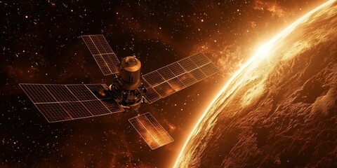 A futuristic satellite with solar wings orbiting a distant planet, sending signals back to Earth.