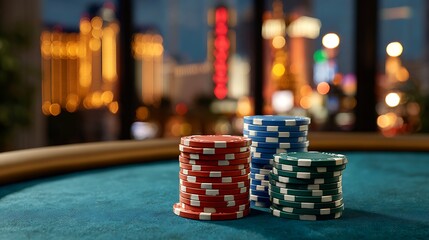 Stacks of red blue and green casino chips on a felt table with a blurred city lights background at night