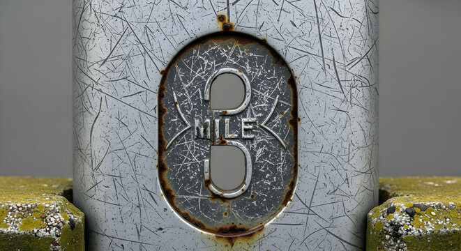 Eight Mile Marker Indicates Distance With Aged Appearance And Industrial Aesthetic