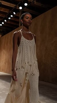 A young Black woman walks down a fashion runway wearing a fringed white dress. The setting features a minimalist background with warm tones.