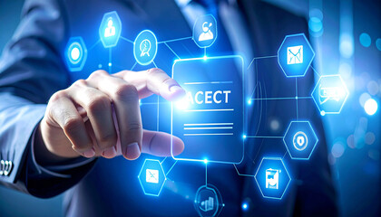 Digital Transformation: A close-up shot of a hand interacting with an abstract digital interface, a visual metaphor for technological advancement and digital innovation.