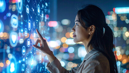 Cybersecurity Vision: A businesswoman engages with a futuristic digital interface, highlighting the intersection of technology and innovation.