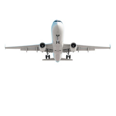 Airplane taking off with clear view of front, showcasing its sleek design and powerful engines