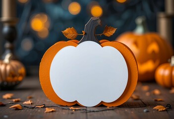 Halloween pumpkin shape blank mockup cutout with autumn leaves and blurry bokeh background