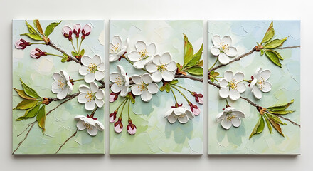 Three panel oil painting of beautiful white cherry blossom branches on a light green background