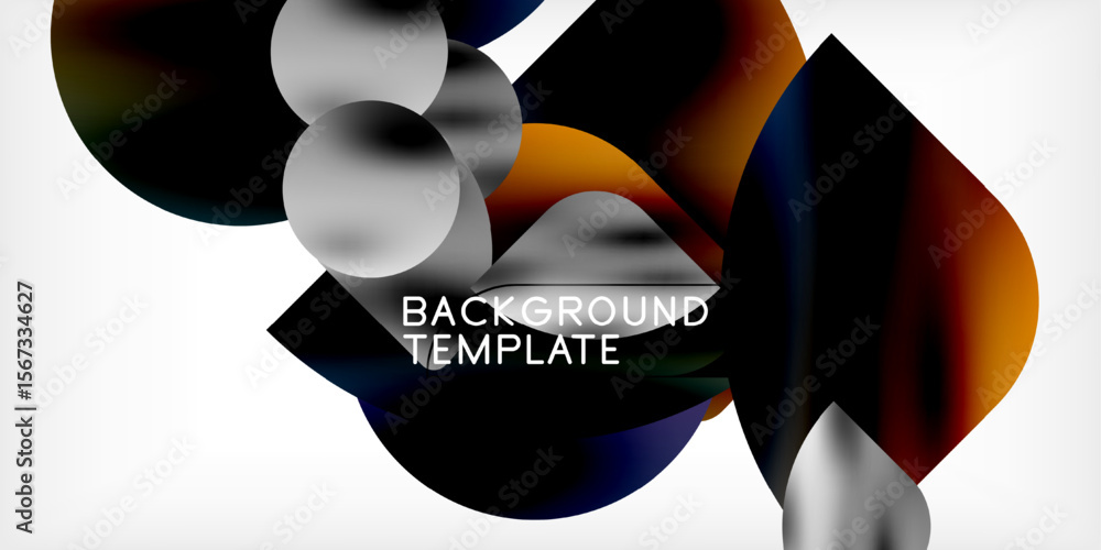 Poster Abstract shapes overlap, creating dynamic visual effect. Gradient colors blend with white, black background. Modern design element.