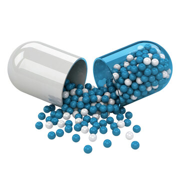 Medication capsule with blue and white granules for health supplement isolated on transparent background