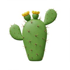 Bright Green Cactus with Yellow Flowers on a White Background