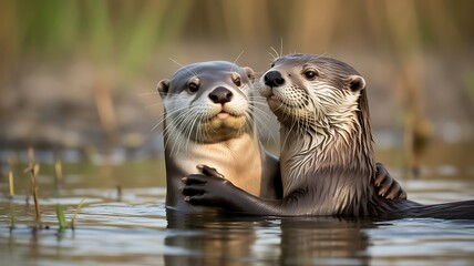 Fototapeta premium Otter Embrace: Two Otters Huddle Together in a Serene Water Habitat Otters day