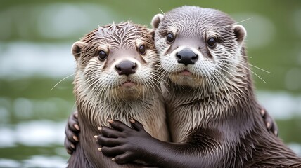 Fototapeta premium Otter Hug: Two Adorable Otters Embracing in Nature, Wildlife Photography Otters day