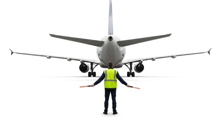 Airplane Ground Crew Member Directing Aircraft