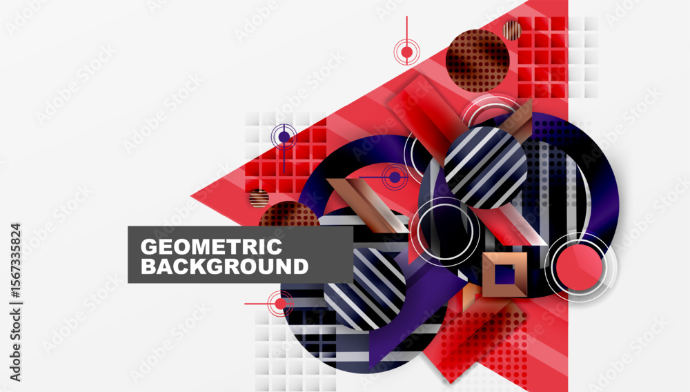 Poster abstract geometric background. red, black, white shapes overlap creating dynamic composition. modern