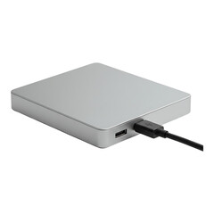 Slim silver external hard drive with connecting cable, symbolizing data storage, backup device, and digital memory equipment