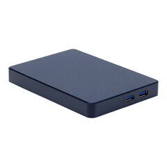 Fototapeta premium Closed slim navy blue external hard drive viewed from top, symbolizing digital storage, data backup, and portable tech equipment