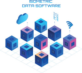 Fototapeta premium Isometric Data Software Cubes. Server. 3d Vector Set of Big Data Center Server. Isometric design for Data center concept, data software connection, concept of cloud storage, data transfer Tech
