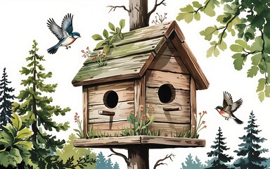 Two colorful birds flying around a rustic wooden birdhouse in a forest setting