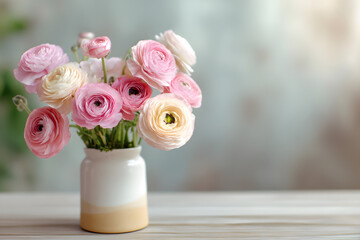 Obraz premium Elegant bouquet of pink and cream ranunculus flowers in a ceramic vase, placed on a light wooden surface with soft, blurred background, creating a serene, floral arrangement.