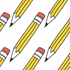 Seamless Pattern of Yellow Pencils with Erasers on a White Background