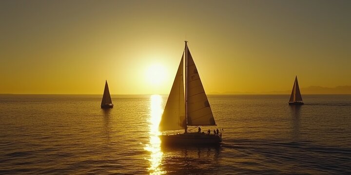 A golden sunset casting a warm glow over the ocean, with silhouetted sailboats