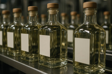 Row of clear glass bottles with wooden caps in a factory setting