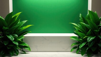 Lush green plants flank a white platform against a vibrant green backdrop.