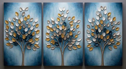 Three panel artwork of metallic trees with gold silver and blue leaf details