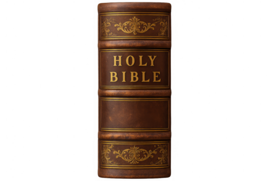 Leather-bound holy bible standing upright on a transparent background, featuring ornate golden decorations and embossed title