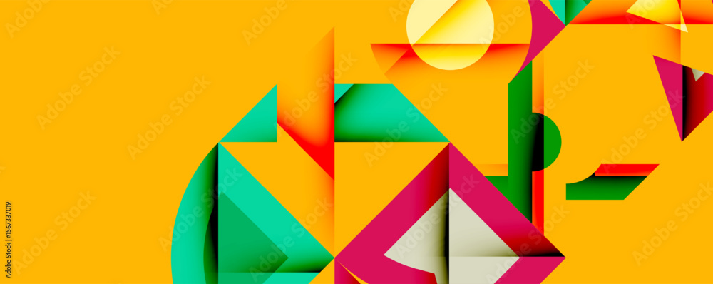 Poster abstract geometric composition. bright colors, overlapping shapes create dynamic visual experience. 